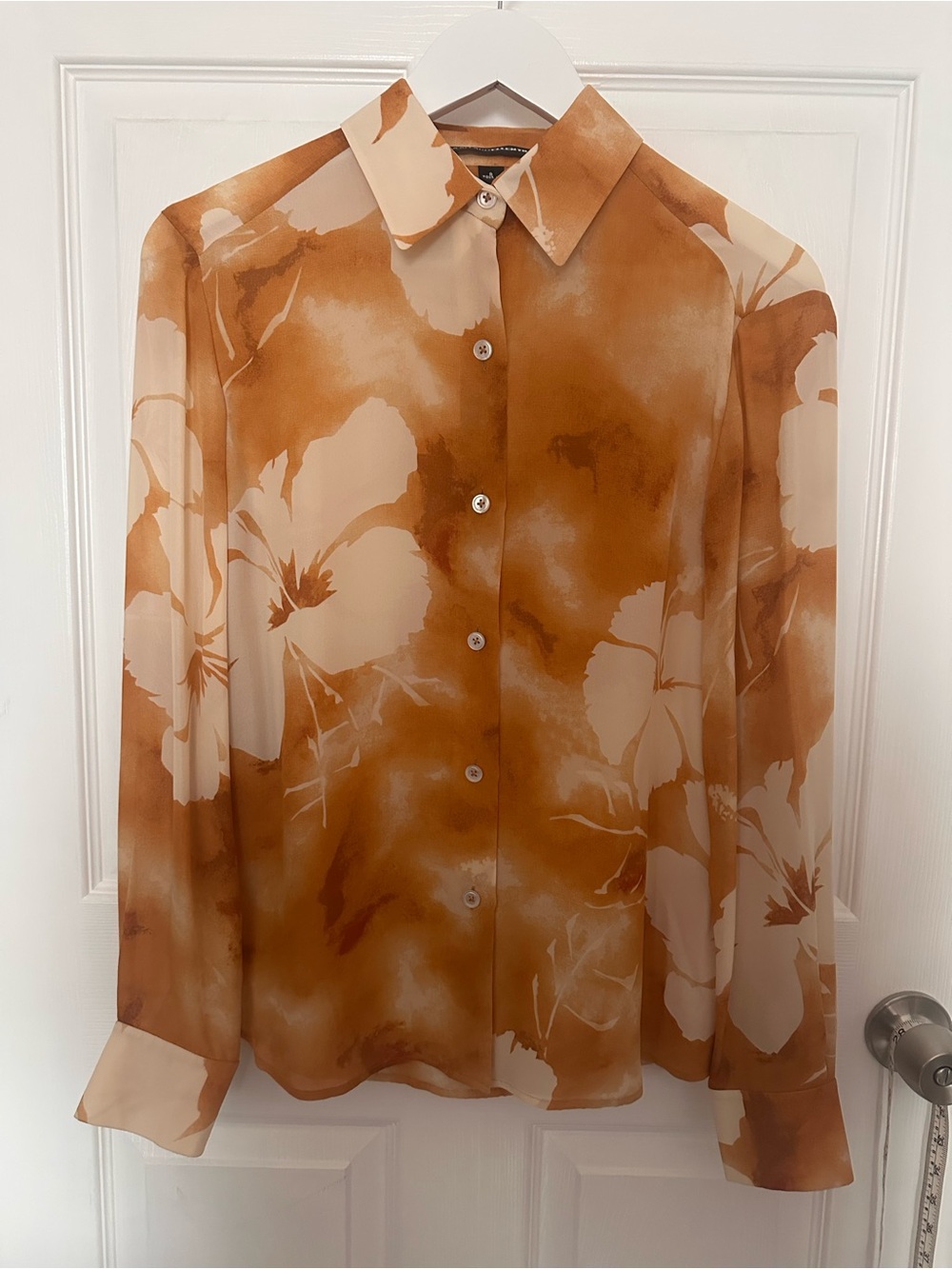 Linda Allard Ellen Tracy Silk Earthy Carmel & Cream Hibiscus Floral Blouse Sz:8